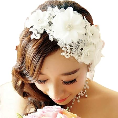 Amazon Lunar Maria ウェディング カチューシャ ヘッドドレス ブライダル 結婚式 パーティー フラワー パール 花嫁 白 Lunar Maria ビューティー 通販