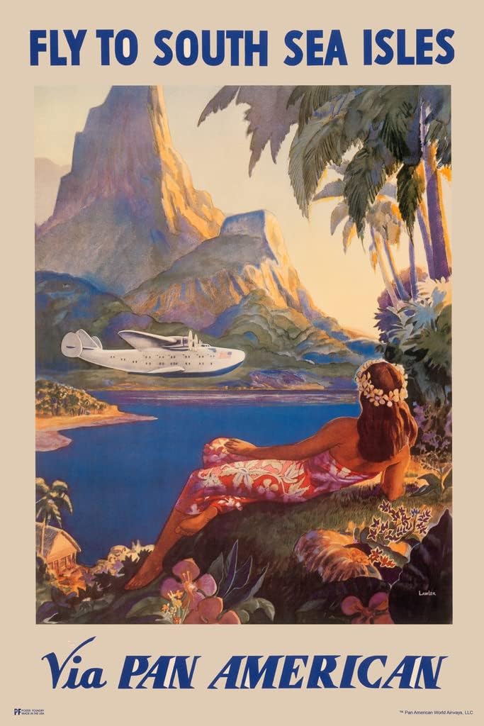 Fly To South Sea Isles Poster Vintage Travel Posters Tropical Pan Am Airline Plane Ad Cool Wall Art Print Poster 24x36
