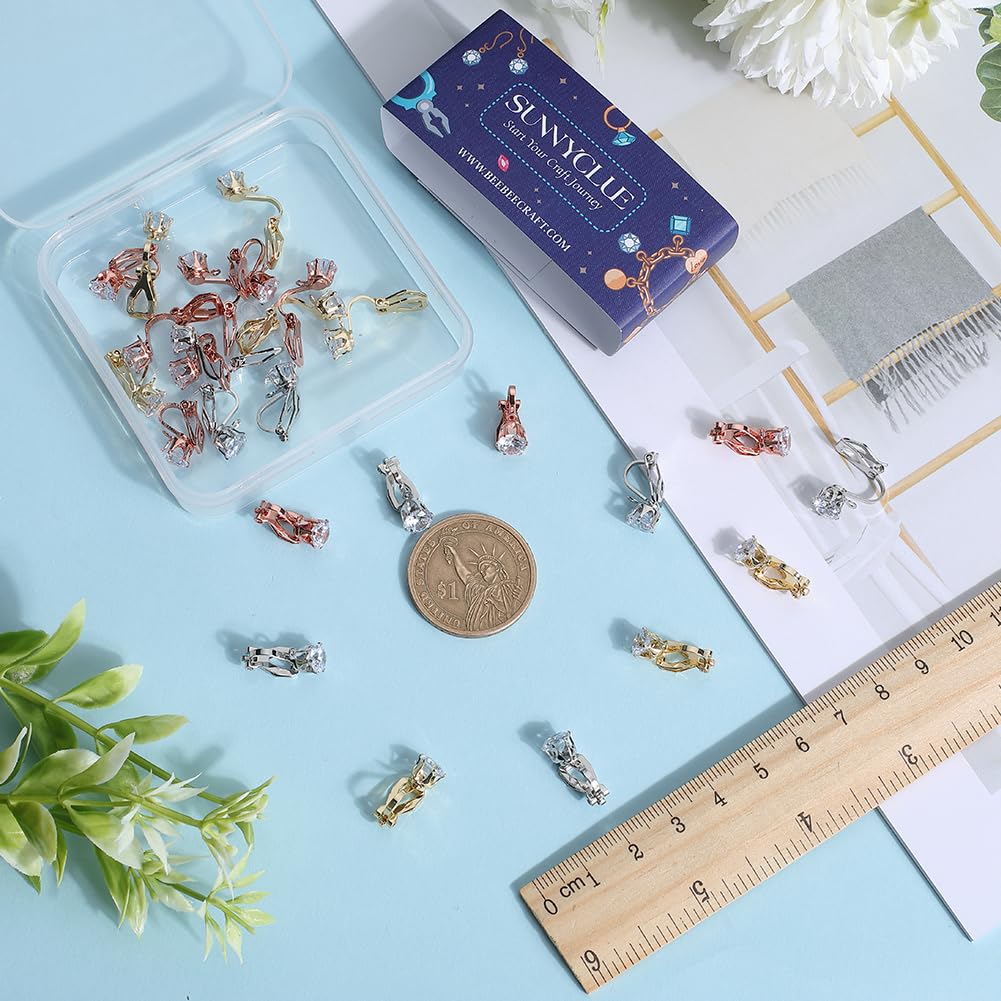 SUNNYCLUE 1 Box 30Pcs 3 Colors Cubic Zirconia Clip on Earrings Non Pierced Earring Clips Brass Gold Plated Clear Rhinestone Earring Clips with Loop Findings for jewellery Making Handmade DIY Craft - Image 3