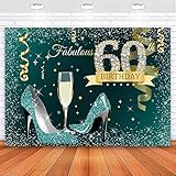 Sensfun Teal Gold Happy 60th Birthday Backdrop for Women Glitter Sliver Dots High Heels Champagne Glass Photography Background 60 and Fabulous Birthday Party Decorations Photo Booth Banner 7x5ft
