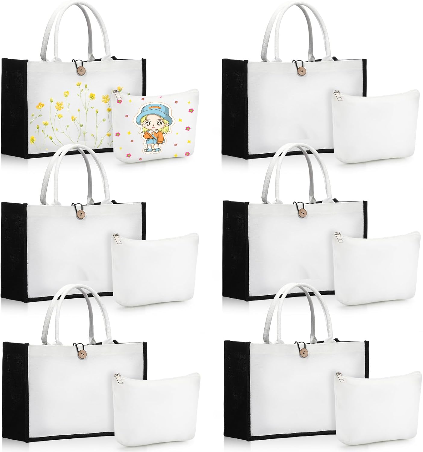 12 Pcs Sublimation Blank Tote and Makeup Bags Set, Reusable Canvas Polyester Tote Bags for DIY Burlap Gift