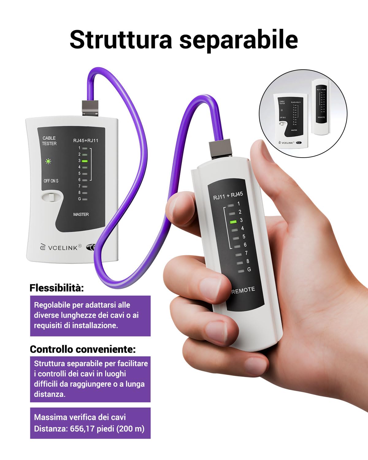 VCELINK Tester Cavi di Rete, Tester RJ45 Professionale POE, Test Ethernet per RJ45/RJ11/RJ12, Grigio