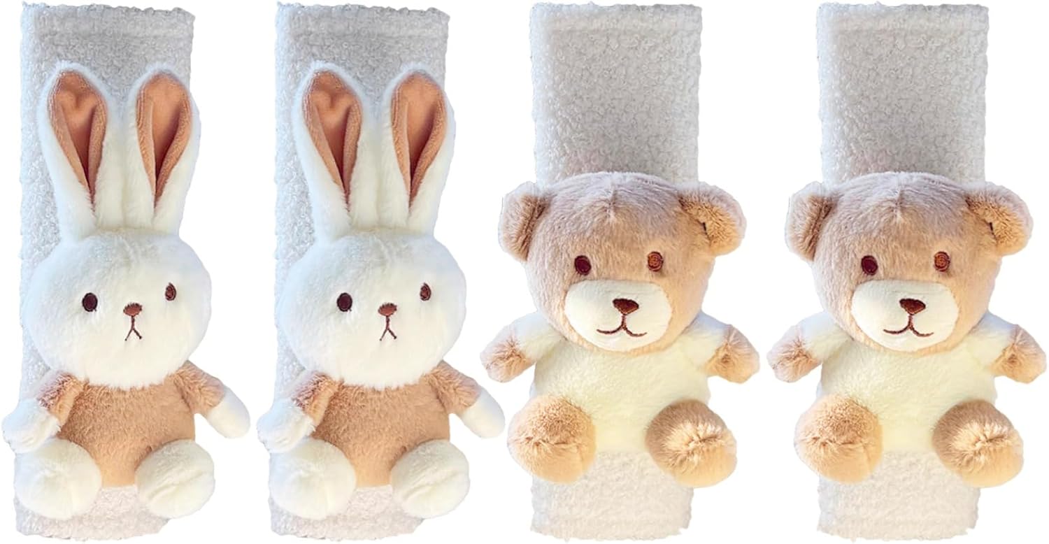 4 Pcs Plush Car Seat Belt Covers, Adorable Bear and Rabbit Shoulder Pads, Universal Fit, Soft and Comfortable for Kids