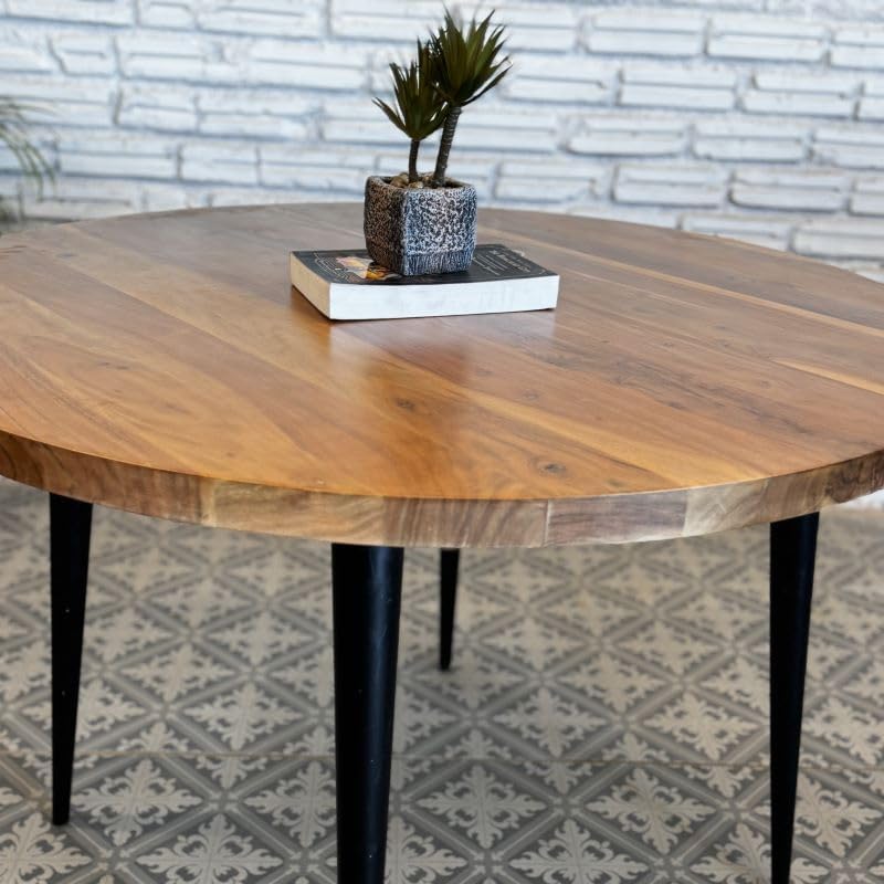 Image of Solid Mango Wooden Round 4 Seater Dining Table for Living Room, Dining Room, Hotel & Home, Brown Finish, Only Dinning Table (107 x 107 x 76 Centimeters)