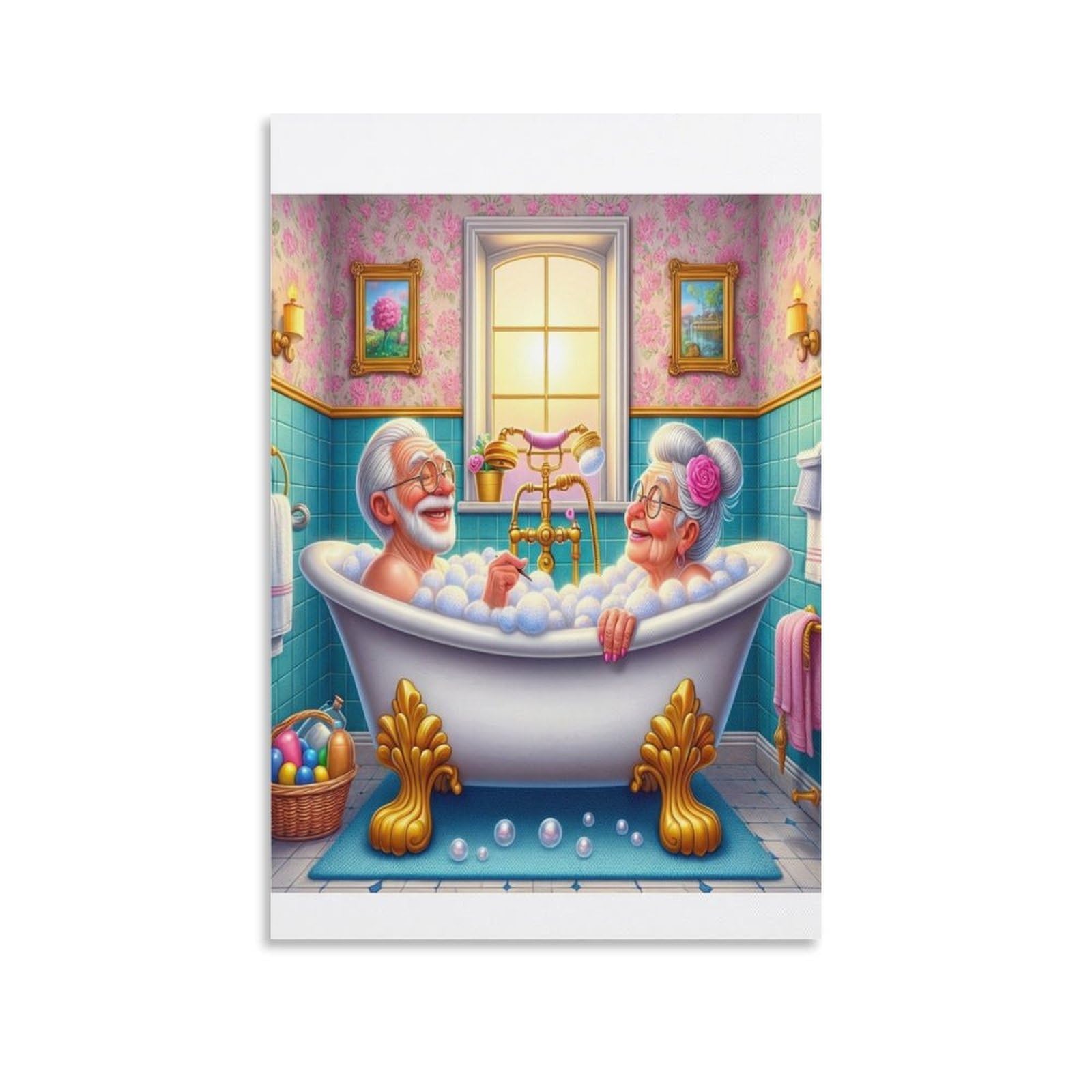 DHBANEIOK Elderly Couple Bathing Poster Artwork Giclee Canvas Prints Modern Canvas Wall Art Picture Wall Hanging for Bathroom Wall Decor 12x18inch(30x45cm)