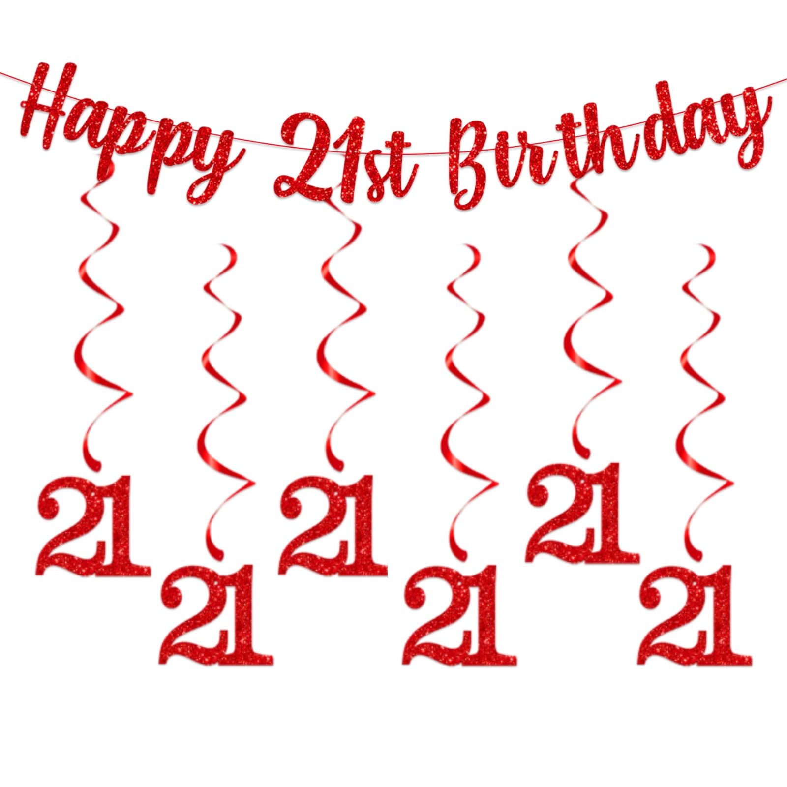 21st Birthday Party Decorations Red with Bunting Banner, Hanging Swirls Streamers for Women Adult Age 21 Anniversary Party Decor Supplies Red