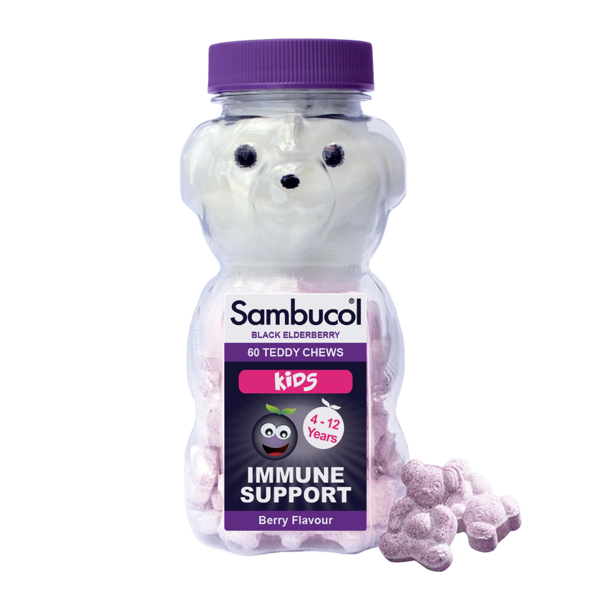 Sambucol Natural Black Elderberry Chewable Teddies, For Kids, Vitamin C, Immune System Booster , 60 Chewable Tablets
