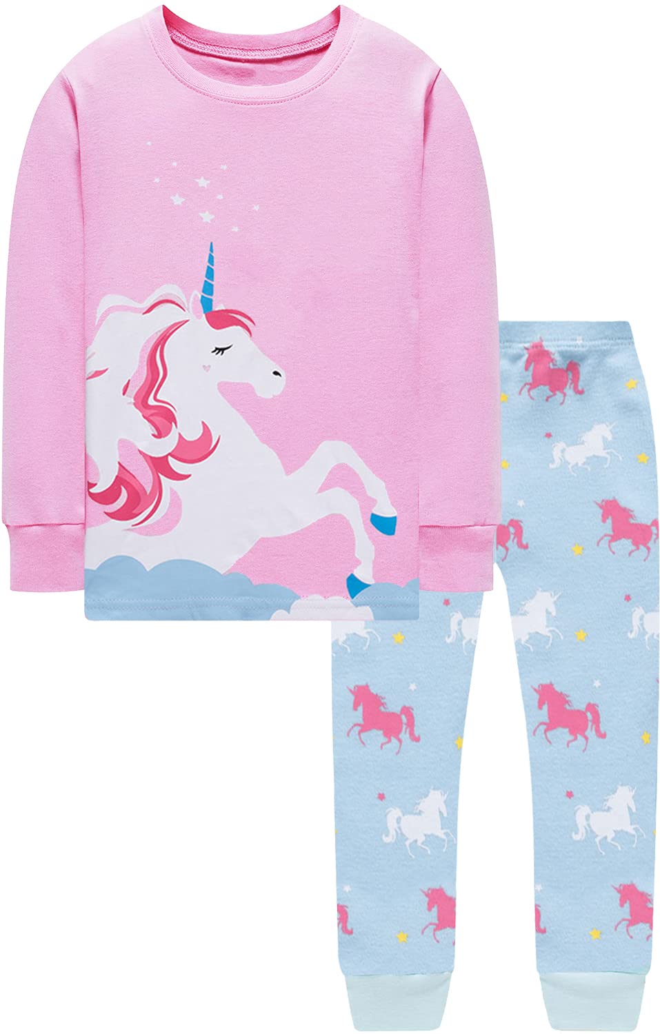 EULLA Pigiama per bambini e bambine, a maniche lunghe, in cotone, per l'inverno, con unicorno, principessa, coniglietto, gufo, due pezzi, biancheria da notte 1-10 anni, 92 98 104 110 116 122 128 134