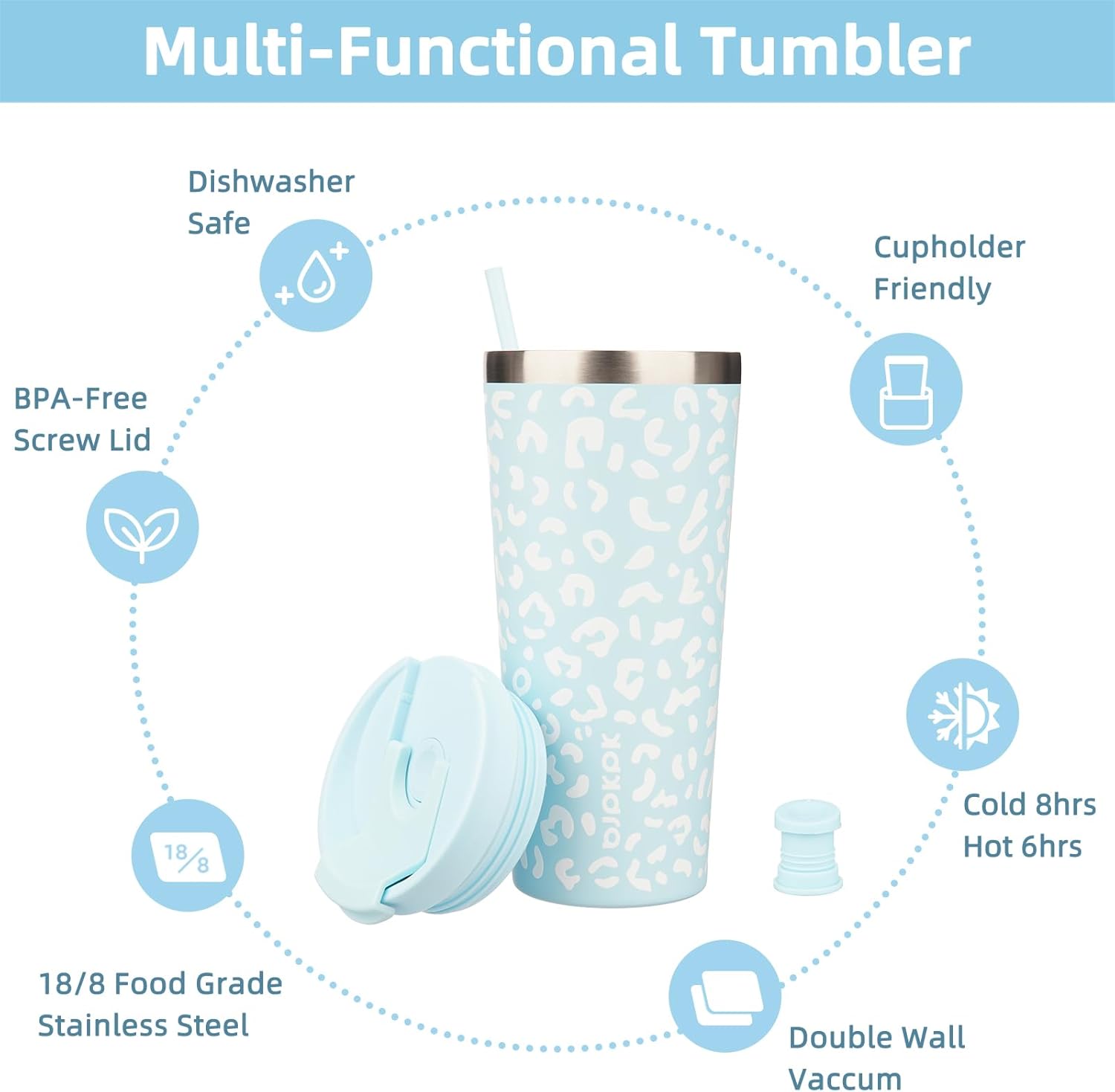 BJPKPK 22oz Tumbler With lid And Straw Stainless Steel Travel Coffee Mug Insulated Tumblers Cups,Light Blue Leopard - Image 3