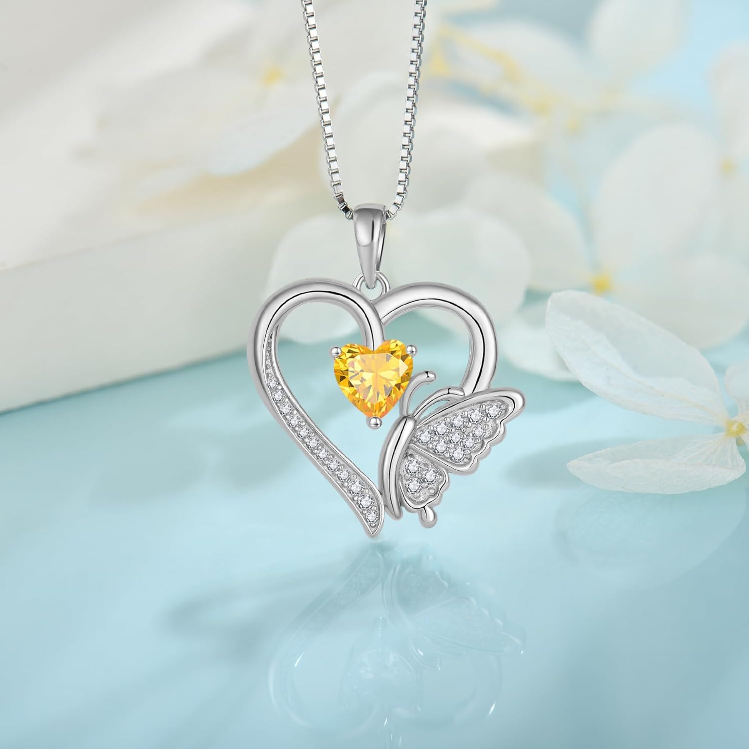 Heart Butterfly Necklace for Women 925 Sterling Silver Heart Pendant with Birthstone Jewelry for Women Her Mom Wife