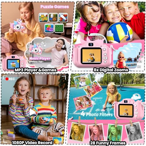 Image of Kids Camera Digital Camera for Age 3-8,1080P HD Video Selfie Toddler Camera with Soft Cover, Christmas Birthday Gifts for Kids - 32GB SD Card - Pink