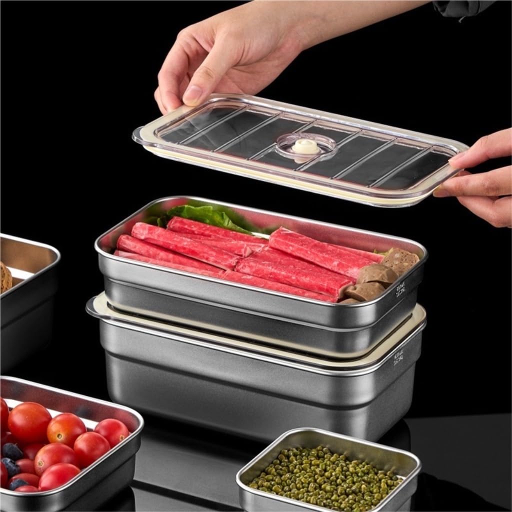 Recipientes para Alimentos Caja de conservación al vacío de acero inoxidable, refrigerador Rectangular, se puede congelar y refrigerar, Caja de almacenamiento sellada para Refrigerador Frutas Vegetale