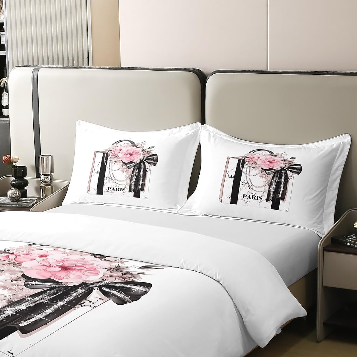 jejeloiu Handbag Bedding Set Queen Size Kids Luxury Comforter Cover for Boys Girls Teens Rose 100% Cotton Duvet Cover Breathable Soft Lightweight Microfiber Paris 3Pcs Room Decor