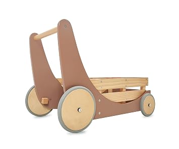 Kinderfeets 2-in-1 Wooden Cargo Walker Cart Wagon with Adjustable Rubber Wheels and Removable Basket for Children and Toddlers (Mocha)