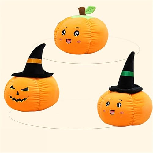 Miniatura 8 de Peluche de calabaza de Halloween, almohada suave de calabaza rellena con sombrero de bruja, decoración de fiesta (hoja verde, 13.8 pulgadas)