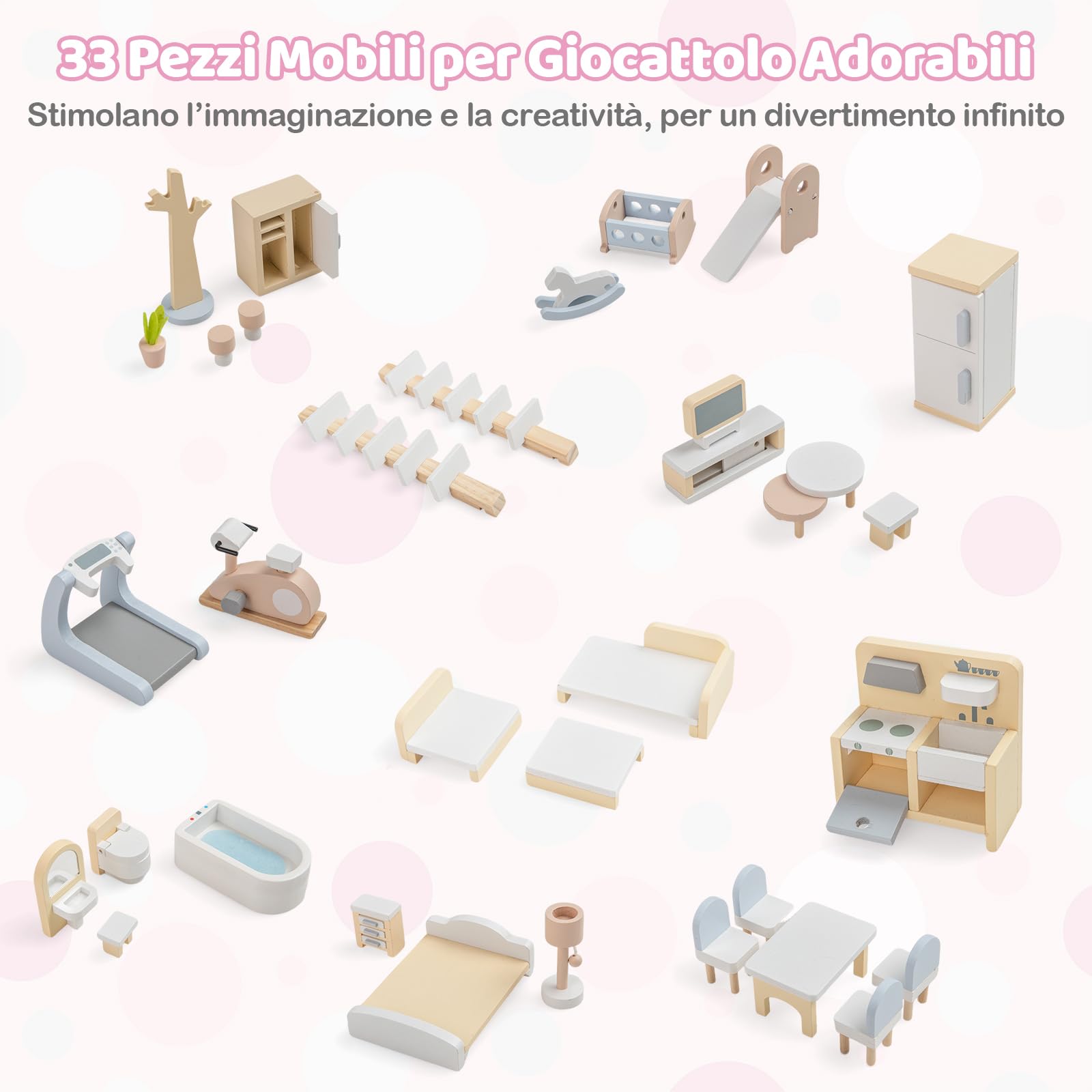 COSTWAY Casa delle Bambole in Legno, Casa Bambole con 4 Piani, 6 Stanze, Terrazza, Piscina e Scale, Casetta Giocattolo Educativo con 33 Mobili Accessori, per Bambini 3+ Anni, 63 x 25 x 78 cm (Rose)