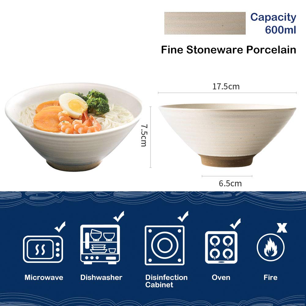 Genérico Tazón de Porcelana para Sopa de Fideos Ramen con Palillos y cucharas, 2 tazones japoneses Grandes de 600 ml para Udon, pho, Pasta y ensaladas, tazones para Cereales y Fideos.