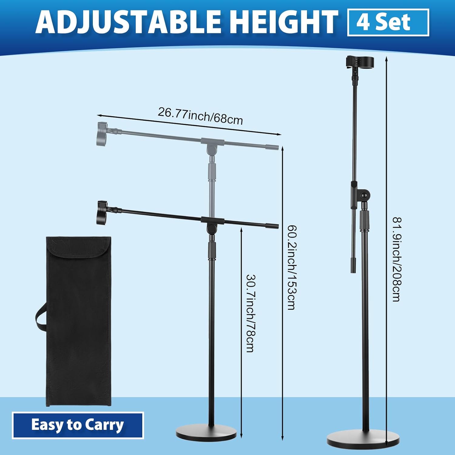 4 Set Microphone Stands, Boom Arm Floor Mic Stand with Weighted Base, Adjustable Max Height 82" Includes 12 Mic Clips, Screw Adapter and Carrying Bags for Singing Stage Wedding Band Church