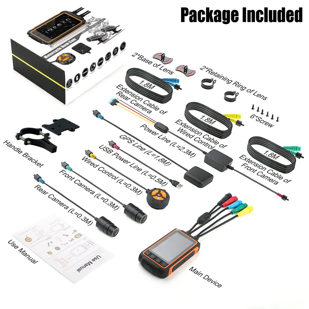 Dash CAM para Moto, 1080P Cámara de Motocicleta Frontal y Trasera con 3" LCD, WiFi, GPS, Gyro Anti-Shake, G-Sensor, Control por Cable, Visión Nocturna, 256GB Máximo