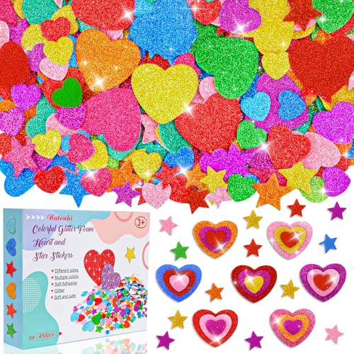 Natonhi 450 Pcs Foam Heart Stickers 8 Colors & 3 Sizes Self-Adhesive Glitter Heart and Star Stickers for Valentines Day Mothers Day DIY Greeting Cards and Kids Crafts Decorations
