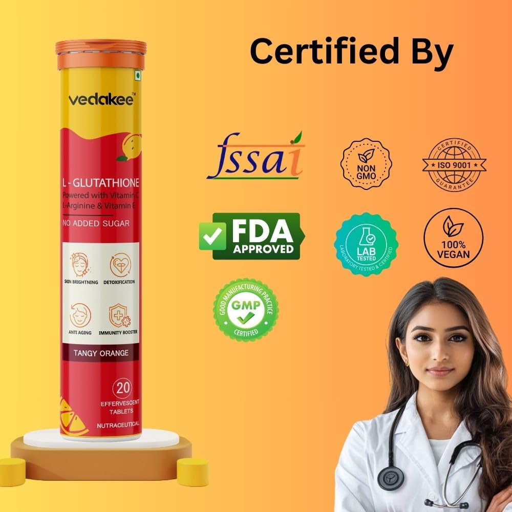 Vedakee L-Glutathione Effervescent Tablets (Orange, 20 Tablets) | Vitamin C  & E for Skin Glow, Hydration, Detox, and Antioxidant Support