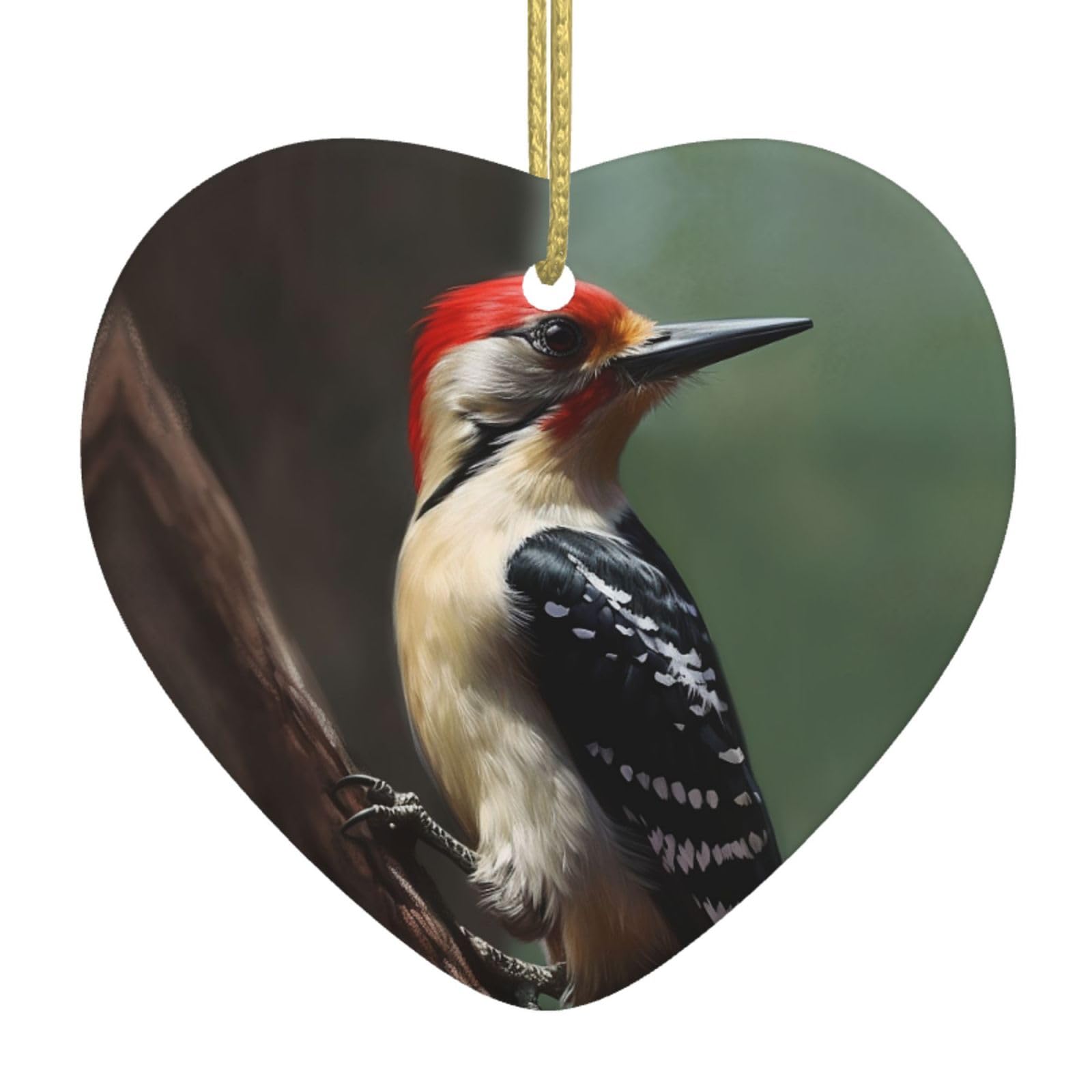 Ceramic Christmas Tree Hanging Ornaments with Gold Ropes Christmas Tree Decorations Heart Ceramic Woodpecker Pendant Keepsake Decorations for Holiday Xmas Gift Ideas