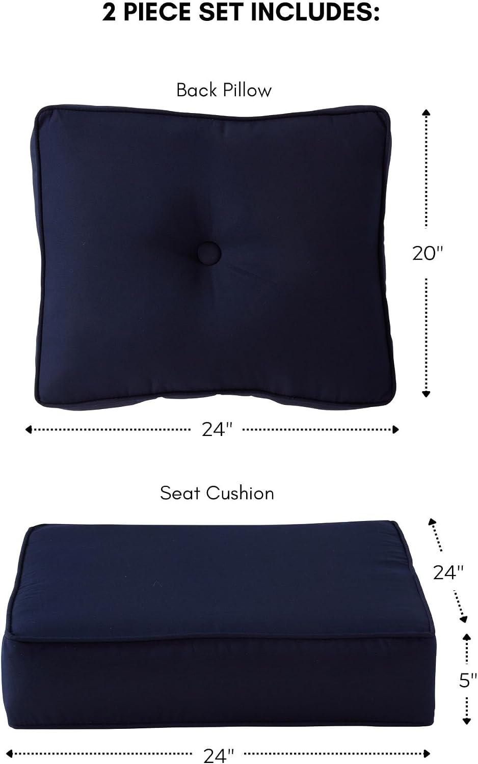 Sunbrella Deep Seat Cushion Set – Seat & Back Cushions for Patio Chairs, Sofas & Loveseats – Fade Resistant Outdoor Fabric, Ties, Zippered Cover, Cord Trim, Canvas Navy