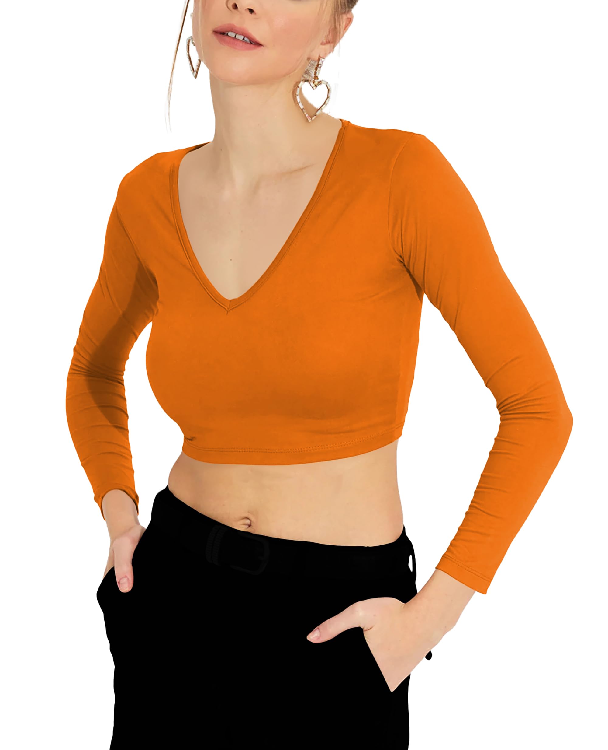 the blazze Women's Cotton Stretchable Regular Fit Deep V Neck Long | Full Sleeve Solid Crop Top for Women L535-picture-54