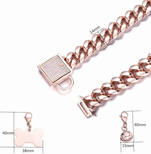 Miniatura 10 de Collar de perro con cadena de oro rosa de 0.394 pulgadas0.555 pulgadas, collar de perro con eslabones cubanos a prueba de mordidas, collar de cadena