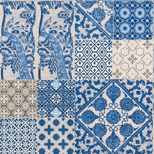 Papel pintado aspecto azulejos Profhome textura resistente azul blanco 5,33m2 2