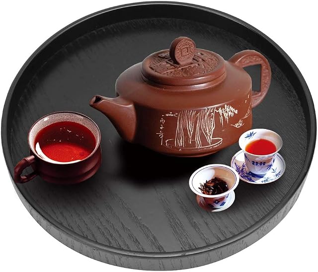 HERCHR Round Black Wooden Tray, Wooden Serving Tray Tea Dinner Tray Coffee Snack Food Meals Transfer Tray for Home, Bars and Restaurants, 9.4inch