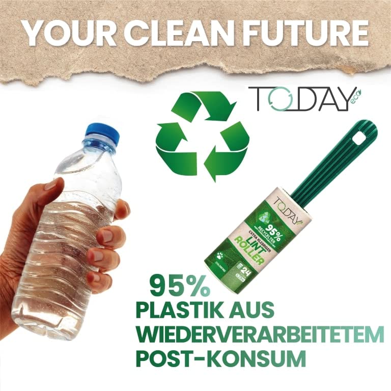Today Eco - Fusselrolle 16 Rollen + Deckel + 2 Abroller 95% recyceltes Material - Fusselrolle Tierhaare Easy-Peel - Geeignet für Haare, Staub, Kleidung, Tierhare