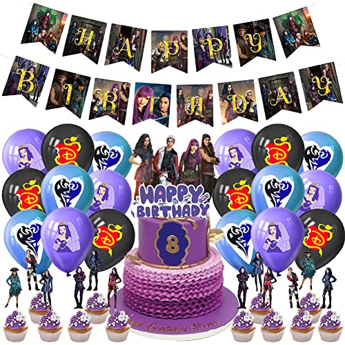 Descendants Geburtstag Dekorationen, LKNBIF 33 PCS Descendants Anime Geburtstag Deko, Descendant Geburtstag Party Dekorationen Party Supplies Luftballons Kuchen Topper Banner Deko für Kinder