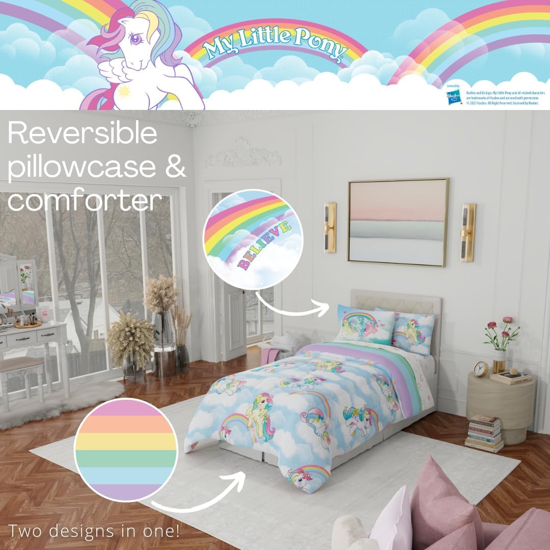 Franco Collectibles My Little Pony Classic Retro Unicorn Rainbow Bedding 5 Piece Super Soft Comforter and Sheet Set with Sham, Twin, (100% Official Licensed Product)