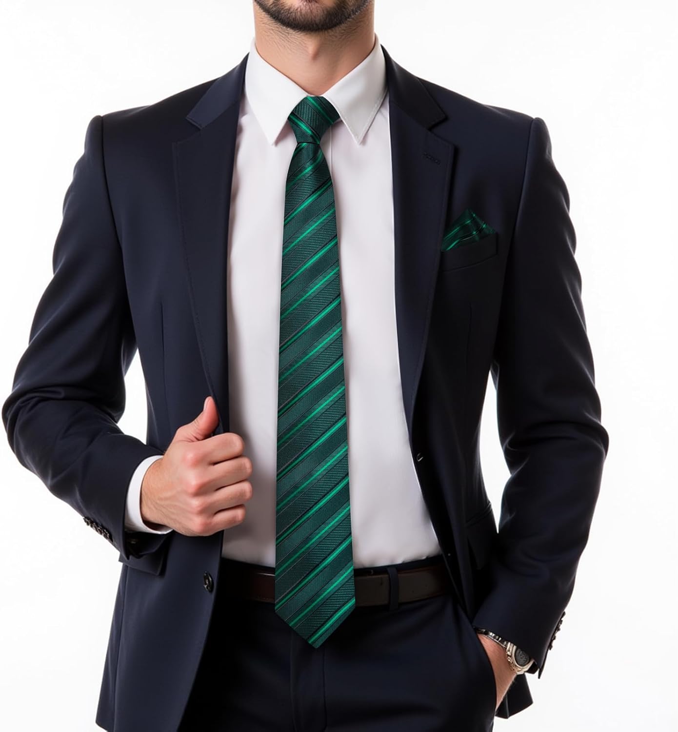 DiBanGu Mens Adjustable Zipper Ties, Woven Paisley Striped Plaid Necktie and Pocket Square Cufflinks Set Pre-tied Wedding Tie - Image 2