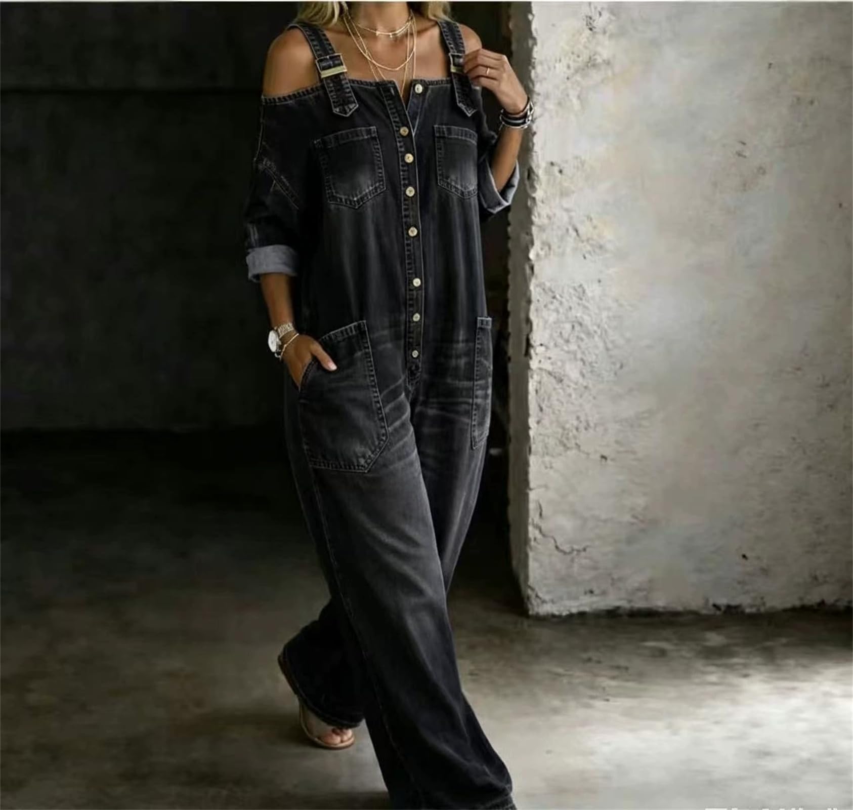 Combinaison en Jean pour Femmes décontractée, Combinaison Ample à Jambe Large et épaules dénudées, Style Vintage, Confort Lounge, Combinaisons en Jean Larges avec Poches