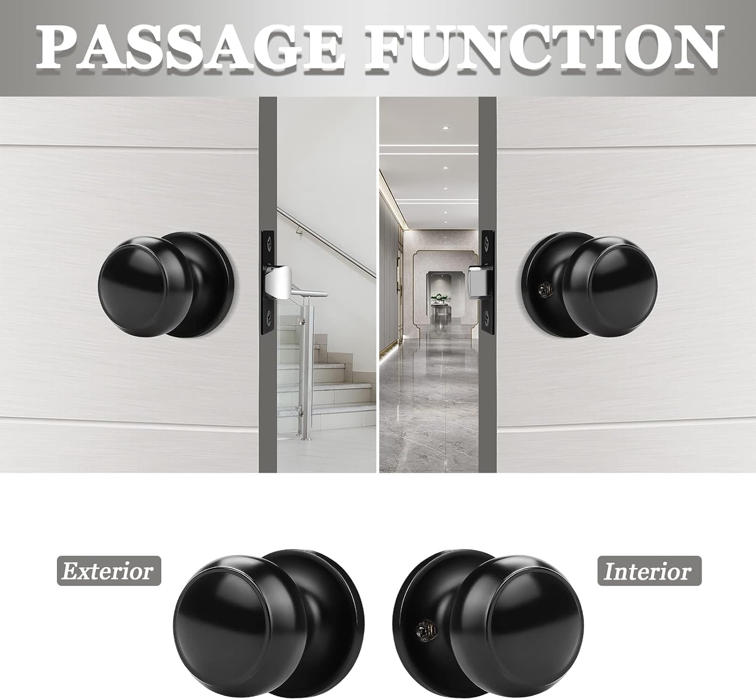 Probrico (4 Pack Round Passage Door Knob (Non-Locking Knobs), Keyless Doorknobs Interior/Exterior Door Lockset, Passage Knobs for Hallway/Closet, Black Finish Modern Design Door Hardware