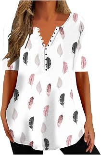 Mrat Womens Tops Long Tops to Wear with Leggings V Neck Short Sleeve Tops Feather Print T-Shirt Longline Tops Graphic Tees Summer Button Up Shirt Blouse Women Shirts and Blouse Sale Clearance
