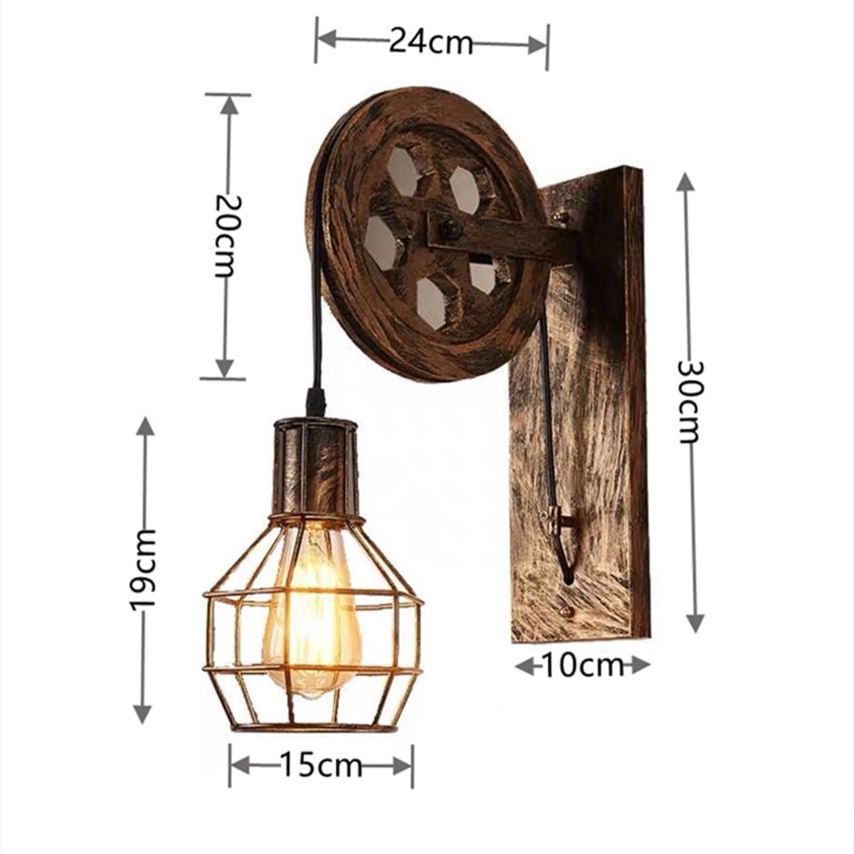 Vintage industrialna rustykalna lampa ścienna z kutego żelaza, styl koła pasowego, gniazdo E27, regulowane zawieszenie, brązowe wykończenie, idealna do wiejskiego domu, restauracji, A b