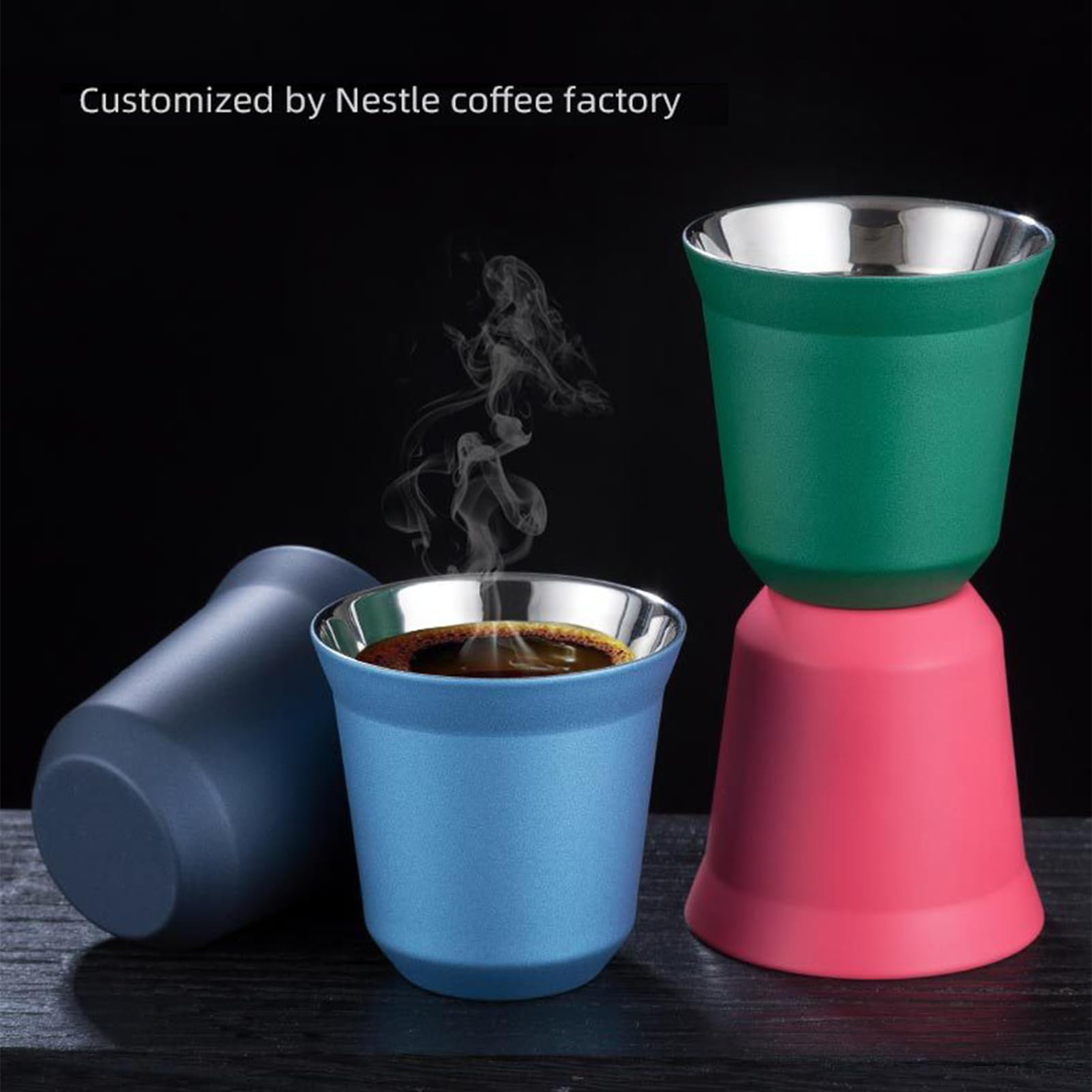 Set di 2 tazze da caffè in acciaio inox, con pareti spesse, 80 ml, in acciaio inox, colore: blu scuro
