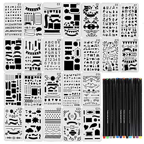 JPSOR Stencil Supplies, 24 Painting Stencils and 12 Colored Fineliner Pens，DIY Drawing Templates Plastic Planner Stencils for Journal, Notebook, Diary, Scrapbook