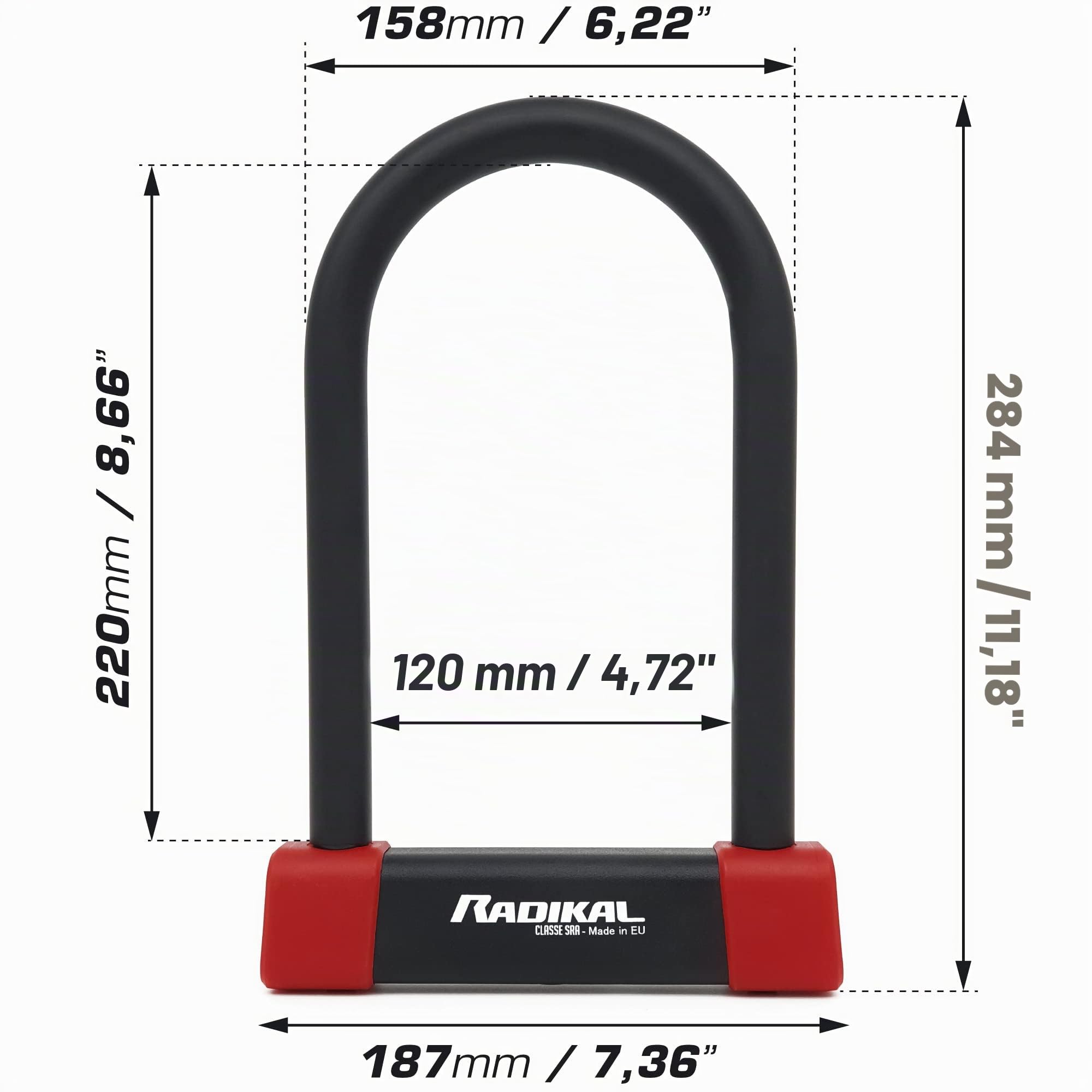 RADIKAL RK120220 Lucchetto a U Premium Omologato SRA, 120x220mm, Bloccaggio su Entrambi i Dischi Freno, Arco ø18mm Acciaio Cementato Rivestito a Doppio Chiusura, Serratura Antifurto U Lock Moto