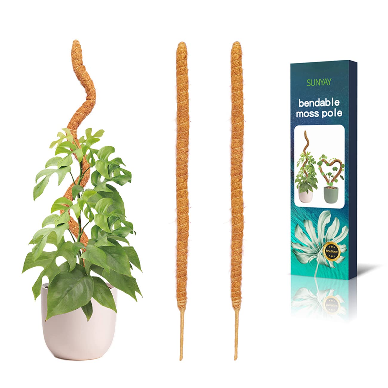 SUNYAY 2 pcs 24" Bendable Moss Pole for Climbing Plants Plant Stakes for Indoor Plants Sticks Support Monstera Coco Coir Moss Pole for Plants