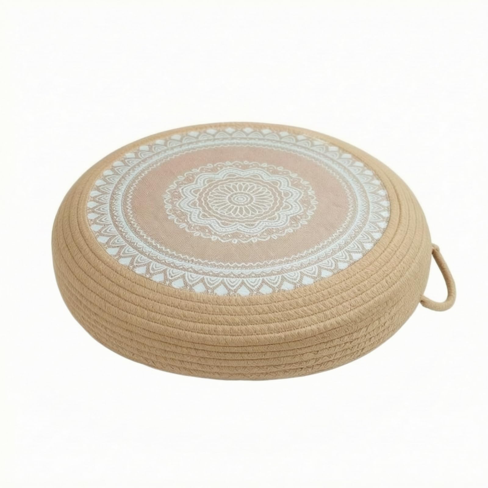 Gemütlich Kissen mit Seiloptik, Weißes Blumenmuster, Durchmesser 40 cm X Höhe 10 cm