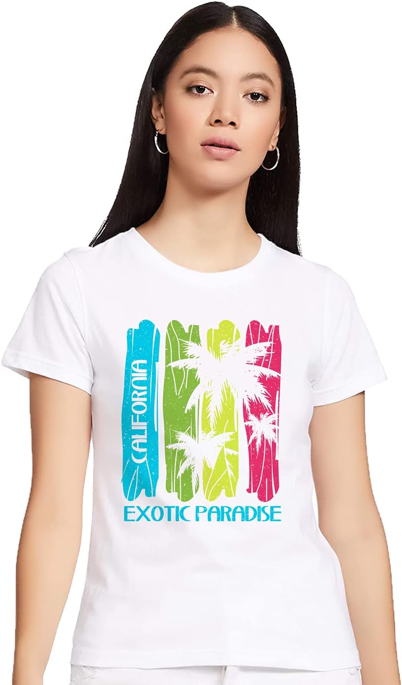 Mastyle® Women's White Polyster Half Sleeves California Exotic Paradise Printed T-Shirt|L