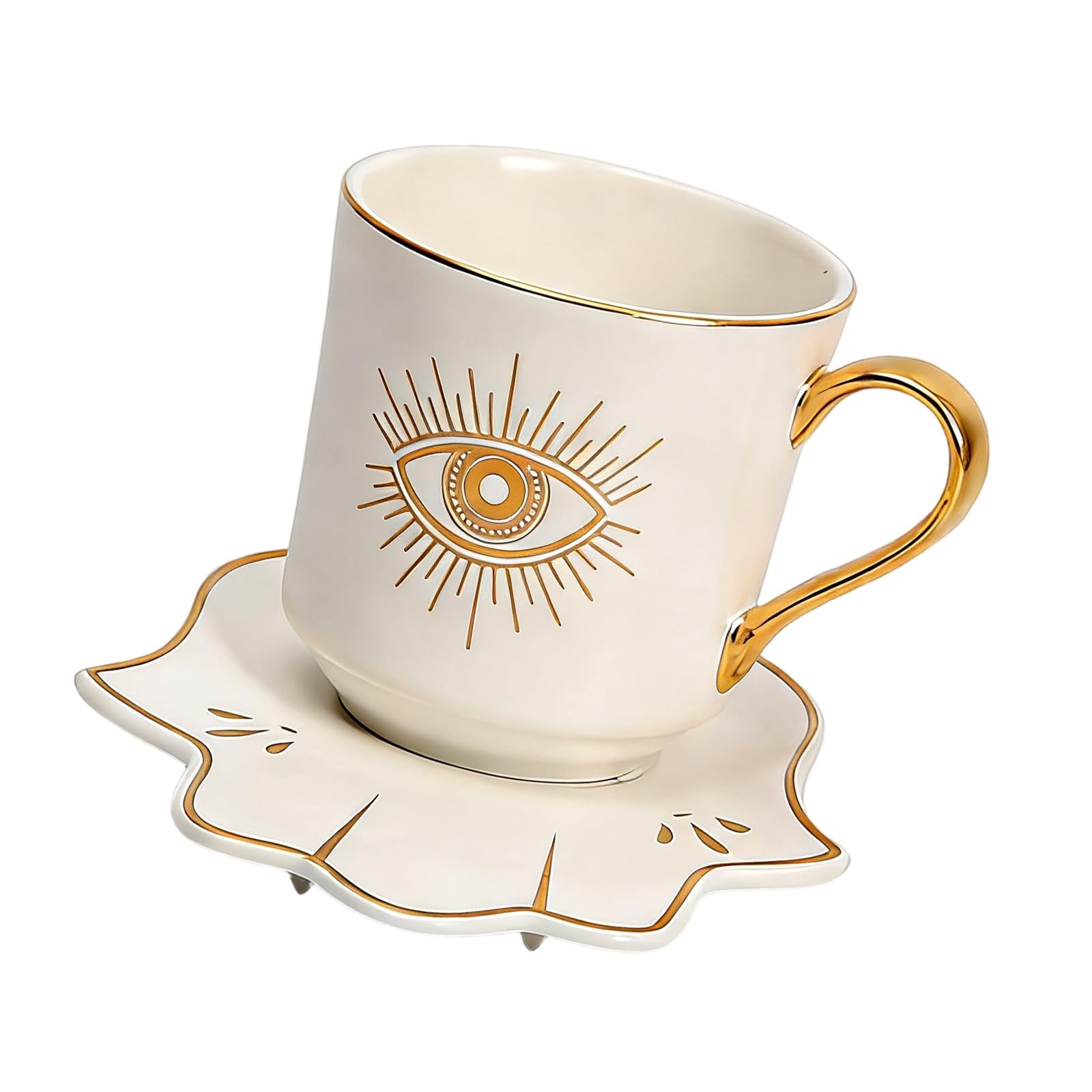 LUCKGONI Ceramic Coffee Cup and Hand Shape Saucer Set Evils Eye Theme Mug Drinkware for Safe Tea Milk Drinking