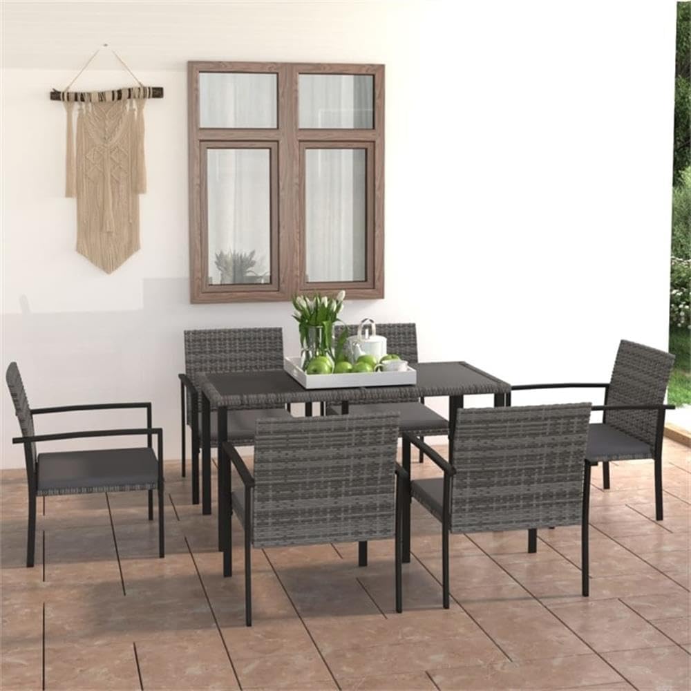BOWERY HILL 7-Piece Outdoor Patio Dining Set, Gray and Black Finish, Poly Rattan Chairs with Cushions, Powder-Coated Steel Frame, Rectangular Table, Stylish Modern Design, Garden Terrace Furniture