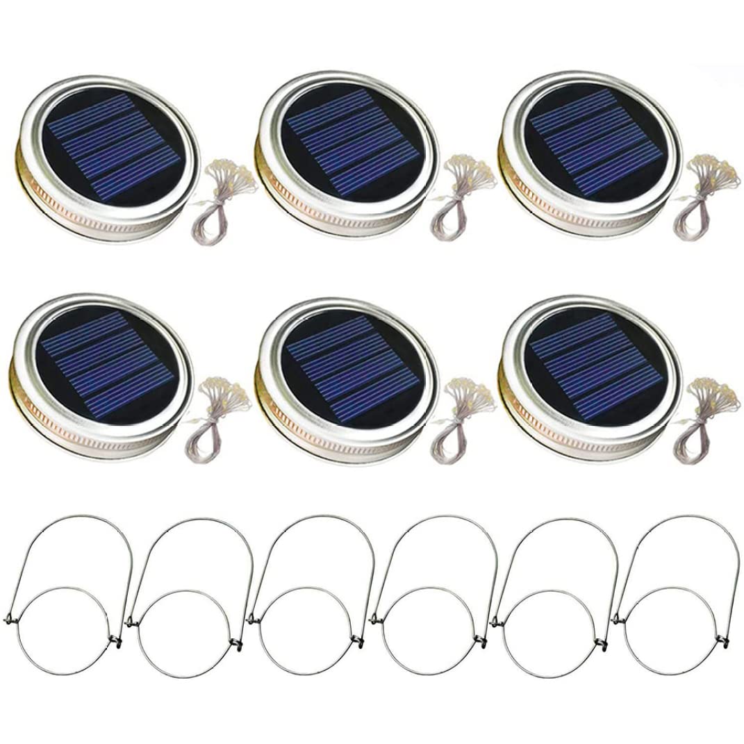 Odoukey Solar Mason Jar Lid Light with 2m String Lights and Handle 20 LEDs Hanging Lantern Lamp for Garden Decoration Warm Light 6PCS