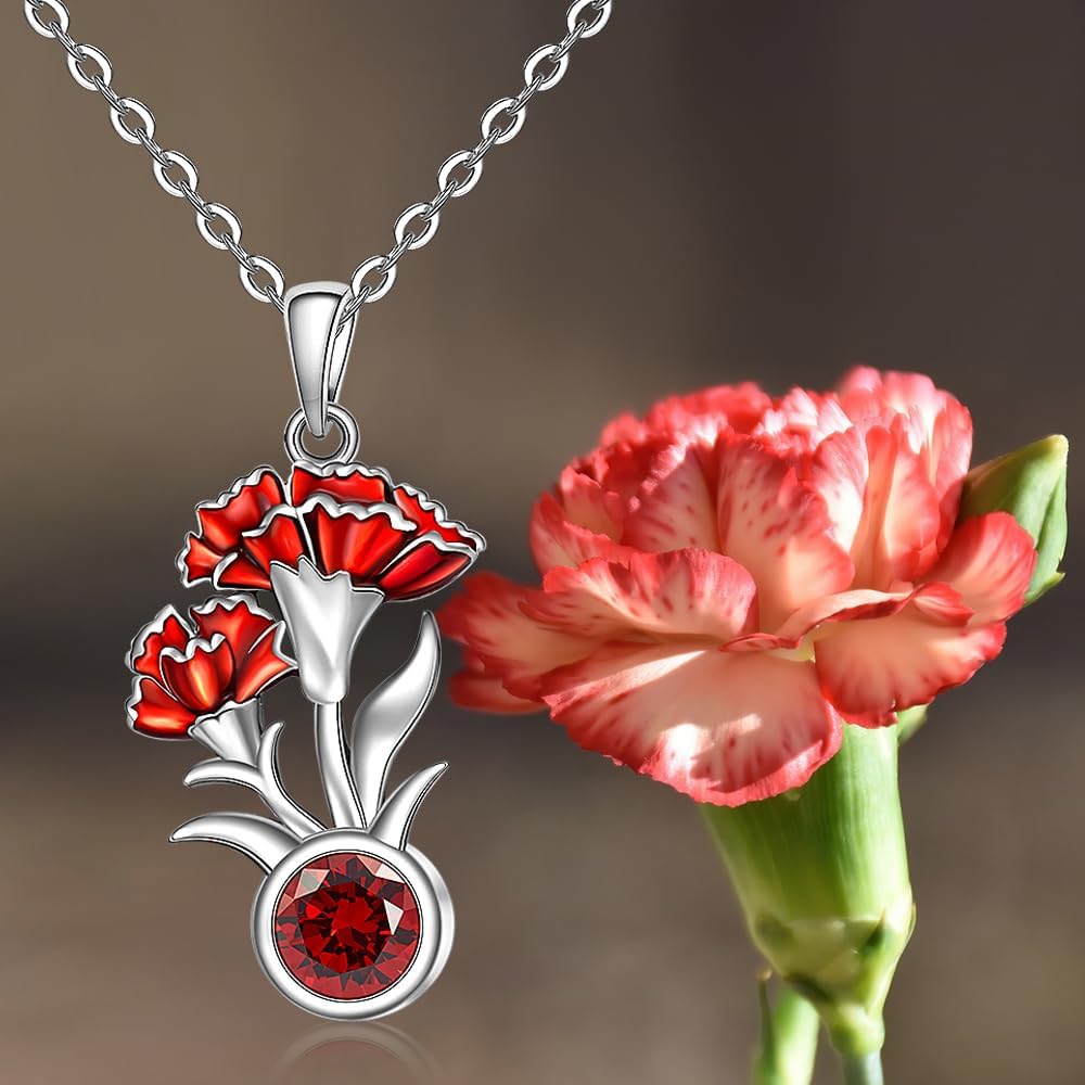 Fenthring Birth Flower Necklace January Birthstone Carnation Flower Necklace for Women Sterling Silver Carnation Pendant Floral Jewelry Mothers Day Birthday Christmas Gifts - Image 5