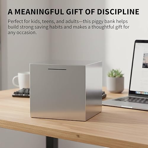 Miniatura 7 de La alcancía para adultos más grande hecha de acero inoxidable para adultos debe romperse para abrir, caja de ahorro para dinero en efectivo (plata,